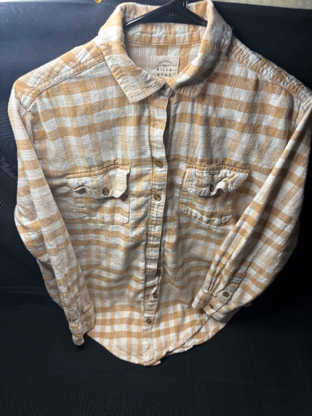 Billabong Women’s Small Plaid Flannel Shirt Tan Cream Long Sleeve